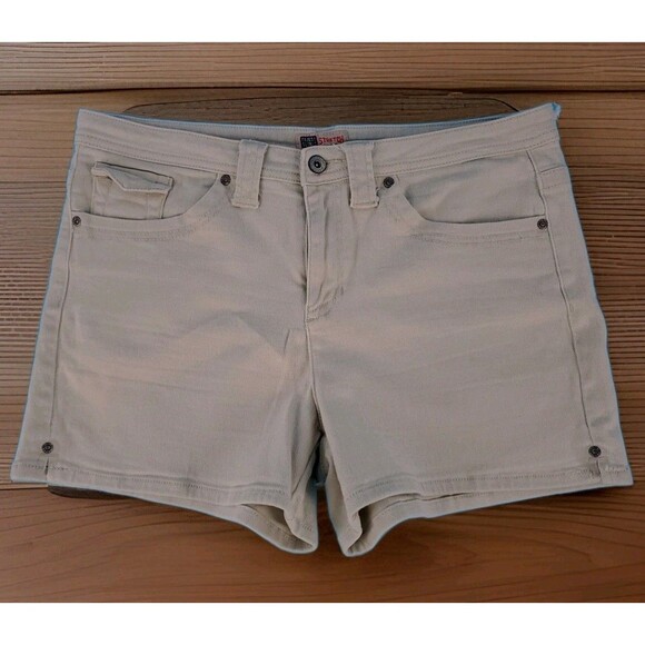Womens Denim Shorts Tan Sz 14 Highwaist Logo Faded Glory Stretch Light Wash - Picture 1 of 16